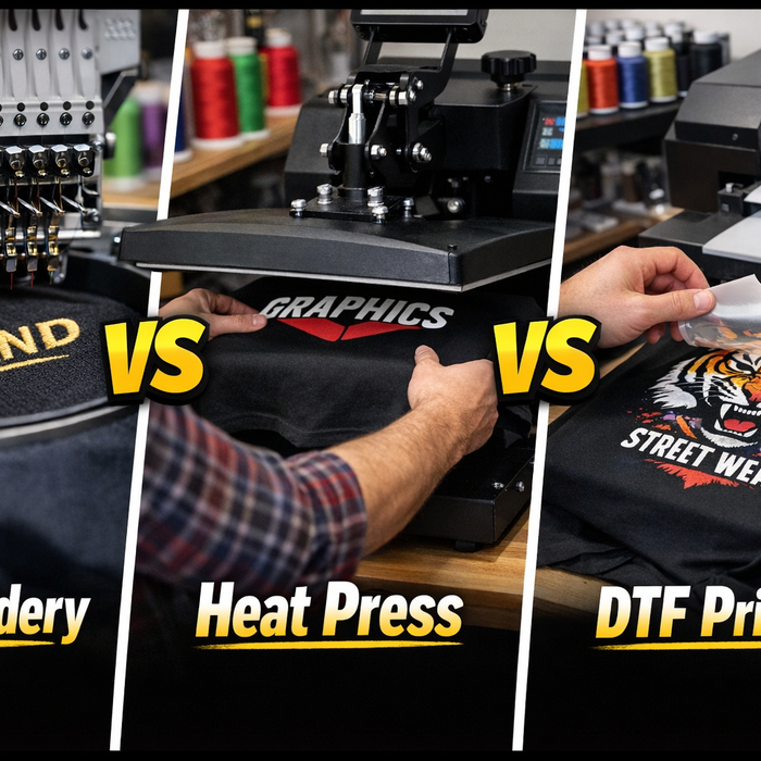 Embroidery vs Heat Press vs DTF Printing