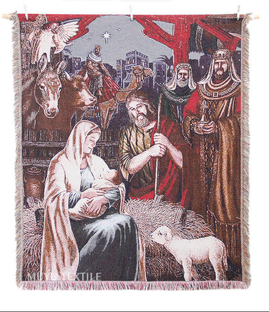 Woven tapestry depicting a nativity scene with shepherds and animals, featuring Quick Custom branding.
