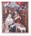 Woven tapestry depicting a nativity scene with shepherds and animals, featuring Quick Custom branding.