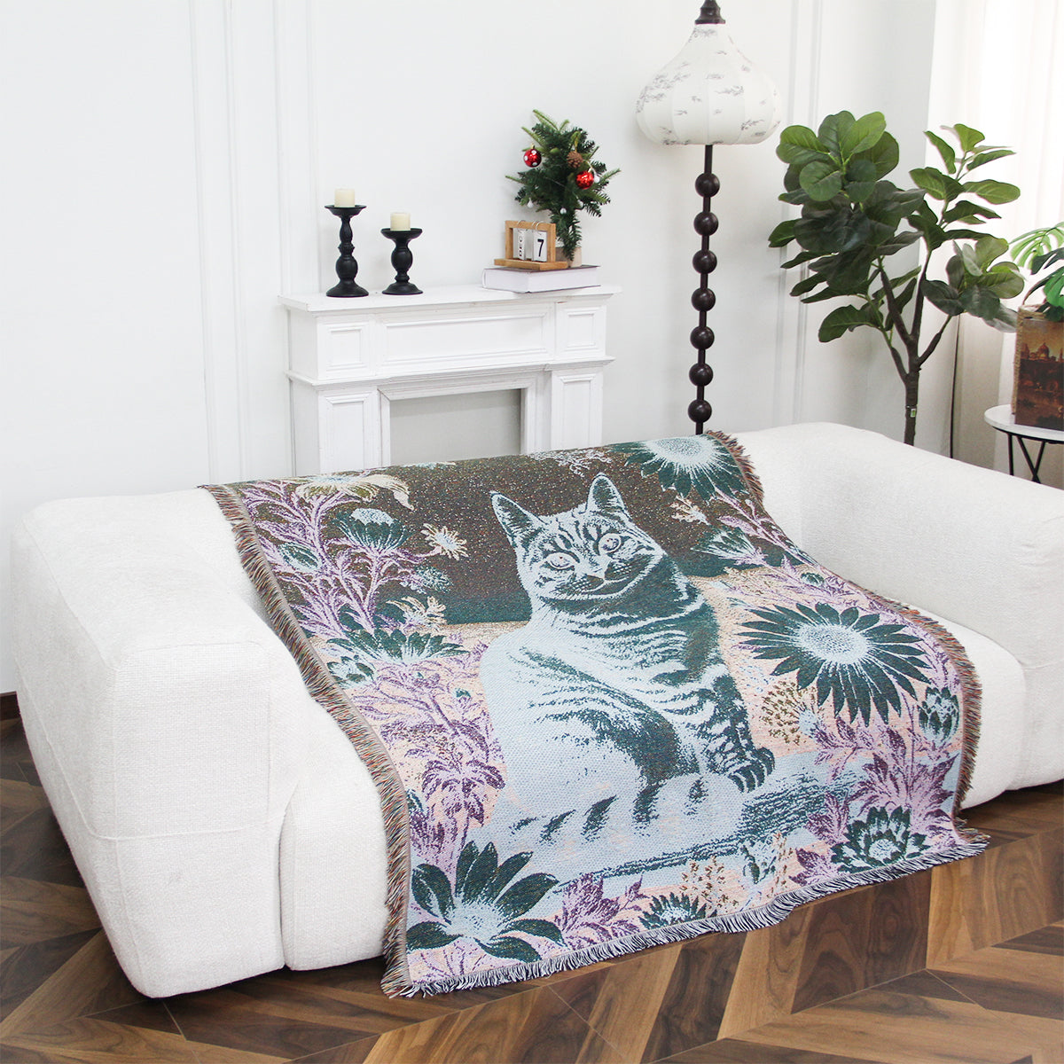 Cat With Flowers Woven Tapestry Throw
