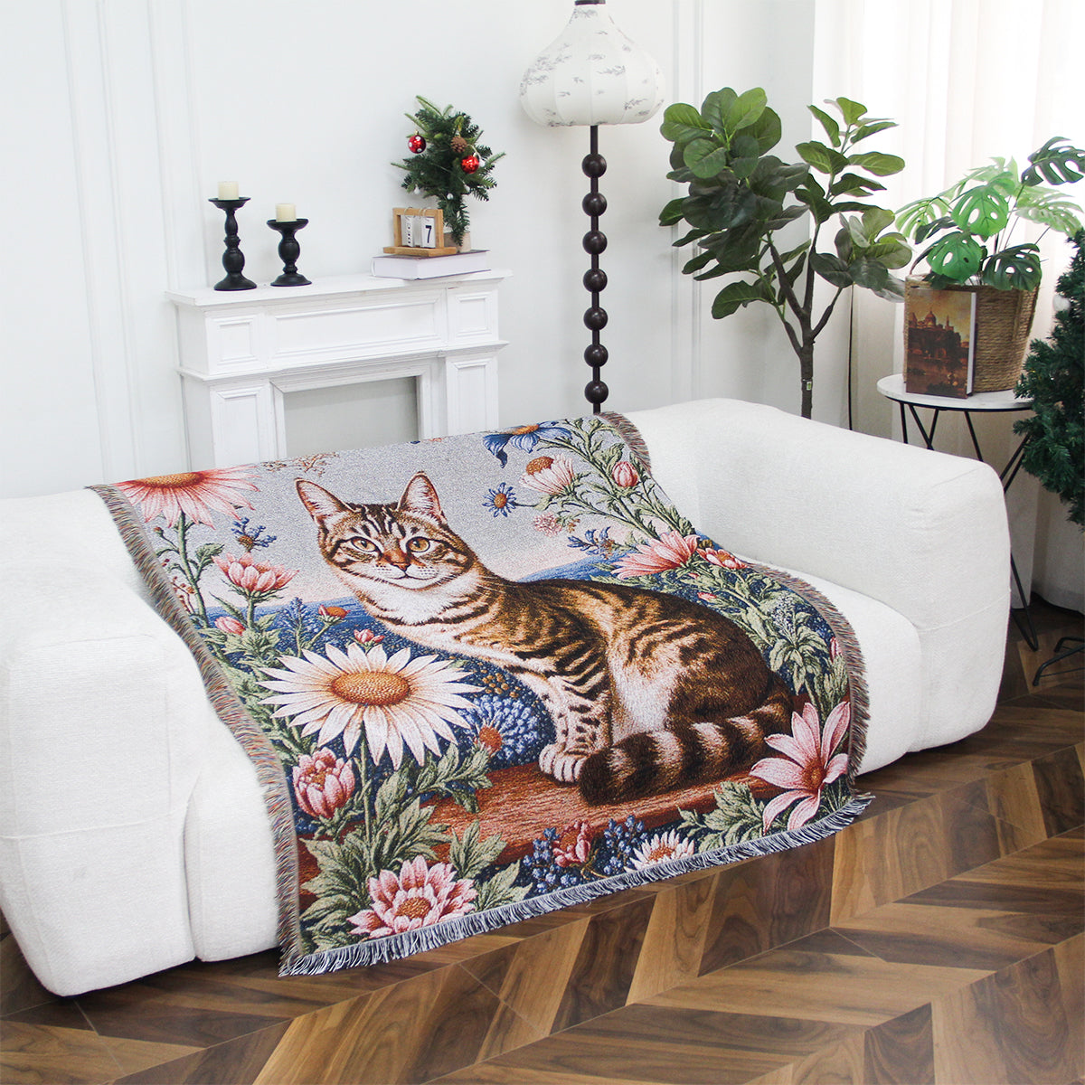 Cat With Flowers Woven Tapestry Throw