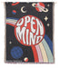 Woven blanket with 'Open Mind' design and branding elements.