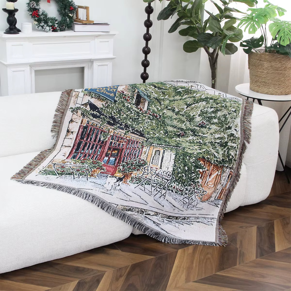 Customized Polyester/Cotton Jacquard Woven Art Pattern Foldable Portable Blanket European American Decorative Throw